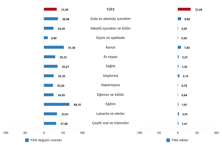 Tüfe Ana Harcama Gruplarının Yıllık Değişim Oranları Ve Genel Endeks Değişimine Etkileri(%), Eylül 2025