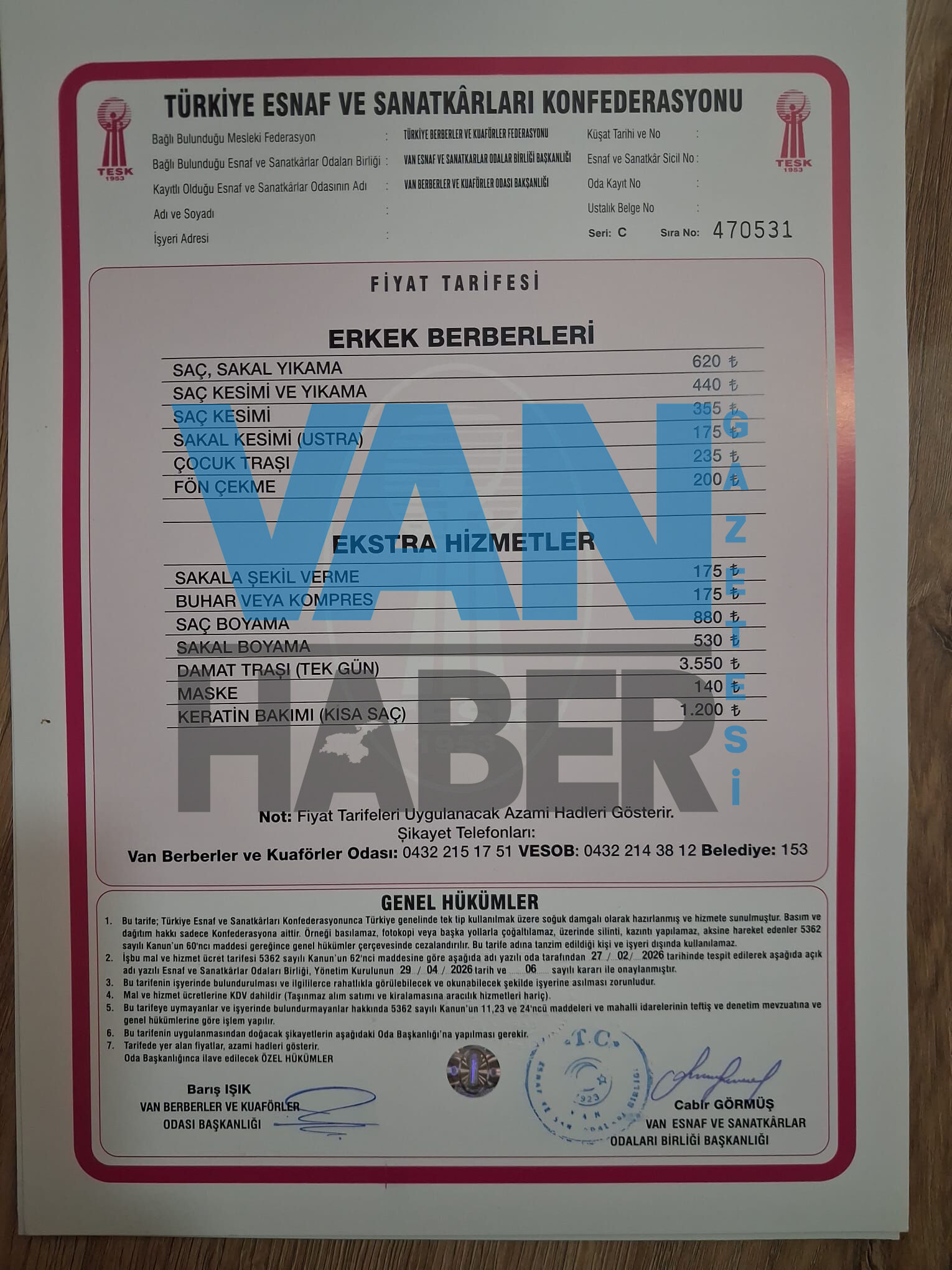 Van Berberler Ve Kuaförler Odası’nın Aldığı Karar Doğrultusunda Kentte Tıraş Ücretlerine Yüzde 18 Oranında Zam