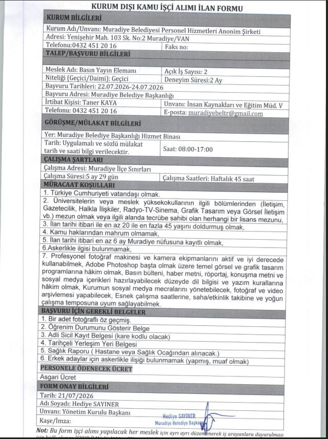 Muradiye Belediyesi Personel Alacak (1)