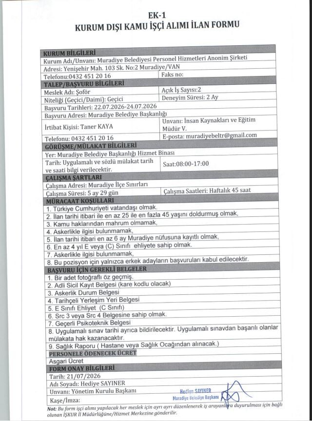 Muradiye Belediyesi Personel Alacak (2)